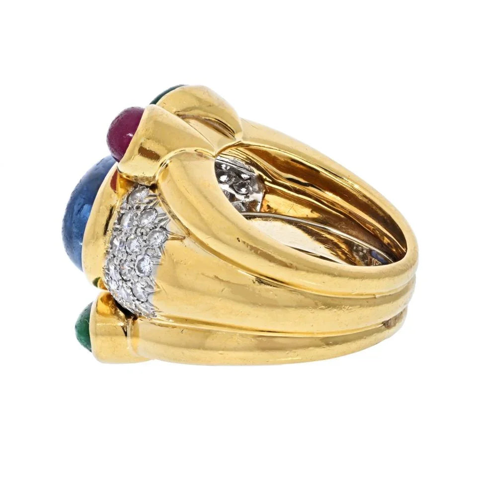 David Webb Platinum & 18K Yellow Gold Diamonds, Sapphire, Ruby And Emerald Ring - The Back Vault