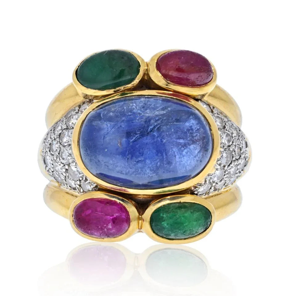 David Webb Platinum & 18K Yellow Gold Diamonds, Sapphire, Ruby And Emerald Ring - The Back Vault