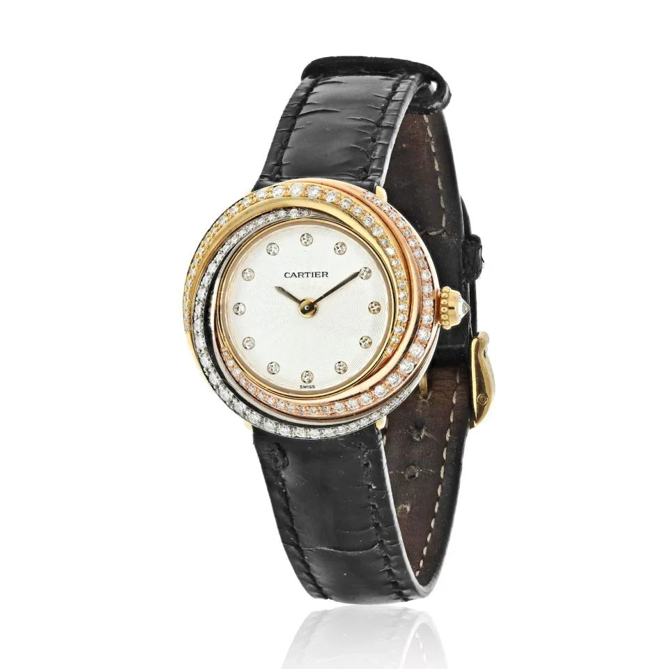 Cartier 18K Trinity All Diamond 26mm Round Dial Leather Strap Women Watch - The Back Vault