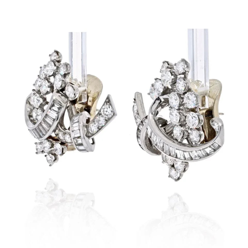 7 Carats 1950's Artsy Diamond Cluster Platinum Clip Earrings - The Back Vault