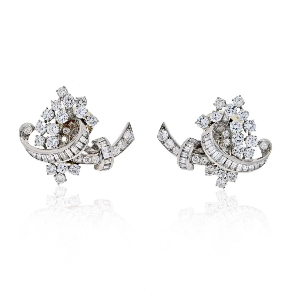 7 Carats 1950's Artsy Diamond Cluster Platinum Clip Earrings - The Back Vault