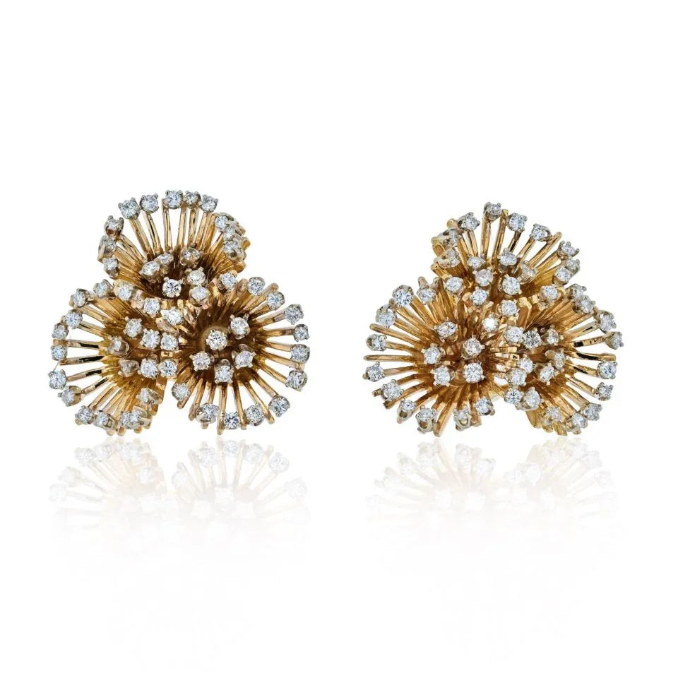 18K Yellow Gold 5.50cts Flower Diamond Spray Earrings - The Back Vault