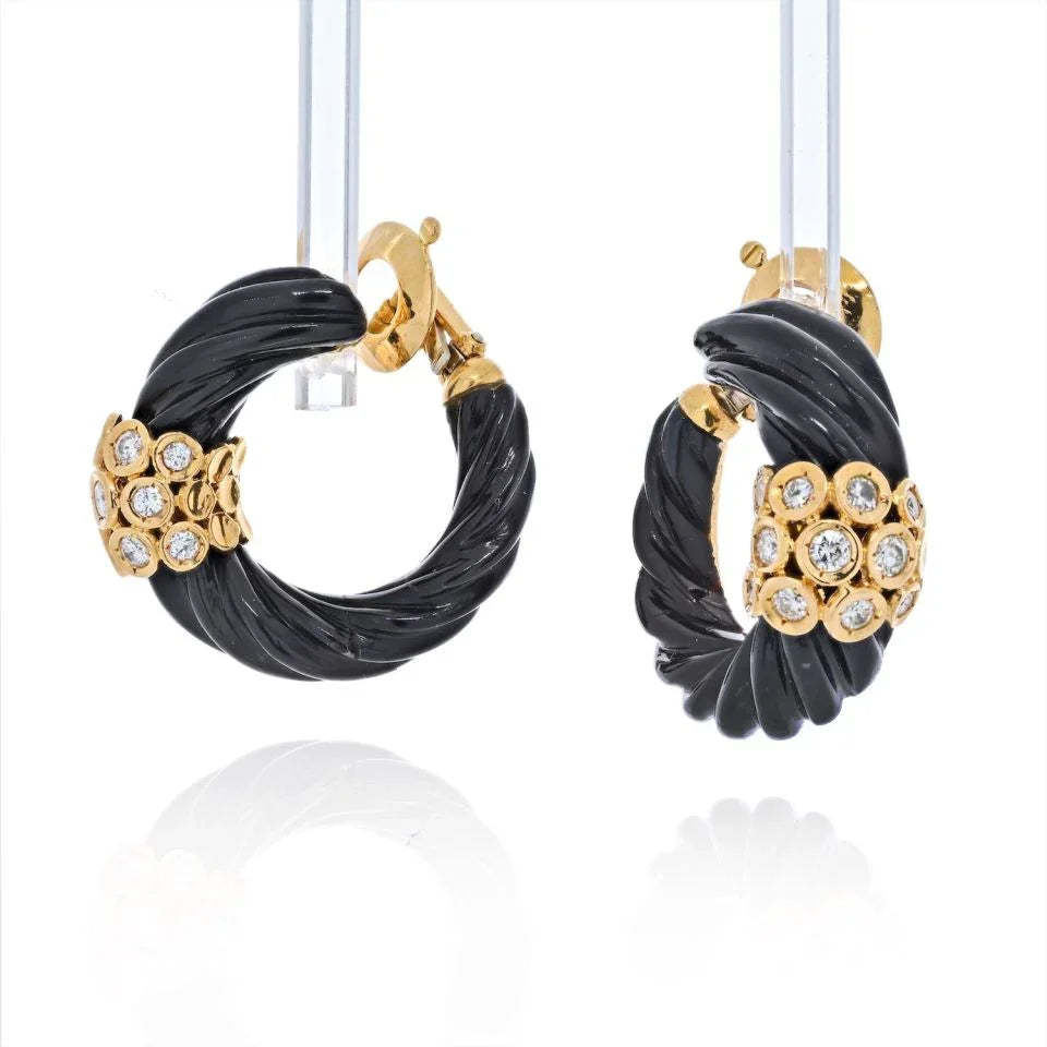 Van Cleef & Arpels 18K Yellow Gold 1980's French Carved Twisted Onyx And Diamond Earrings - The Back Vault