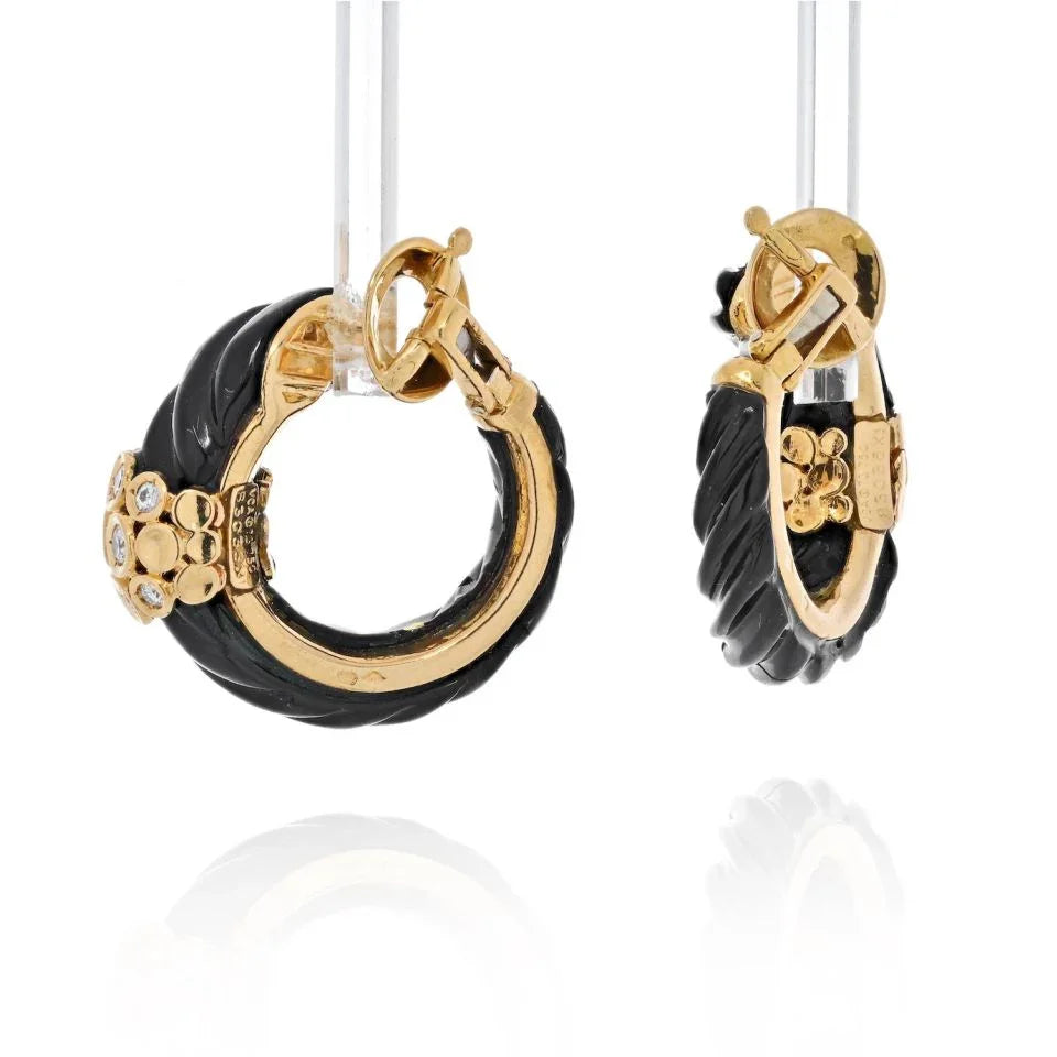 Van Cleef & Arpels 18K Yellow Gold 1980's French Carved Twisted Onyx And Diamond Earrings - The Back Vault