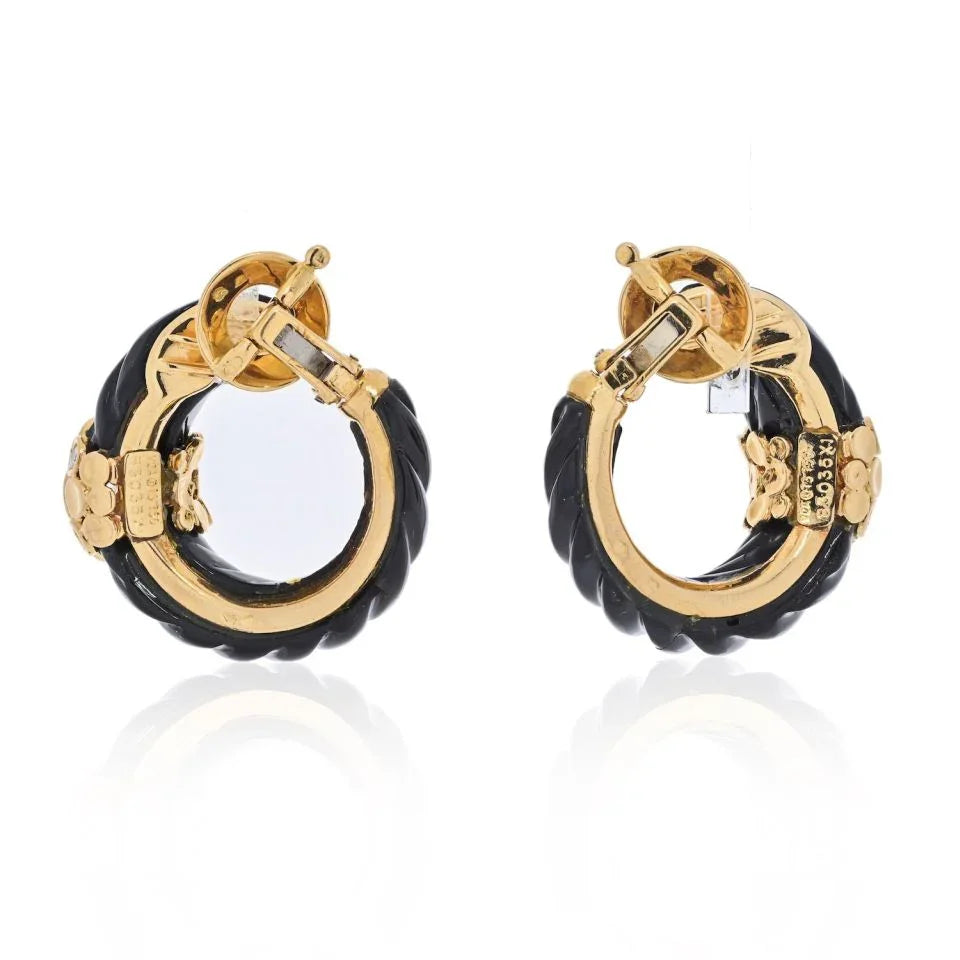 Van Cleef & Arpels 18K Yellow Gold 1980's French Carved Twisted Onyx And Diamond Earrings - The Back Vault