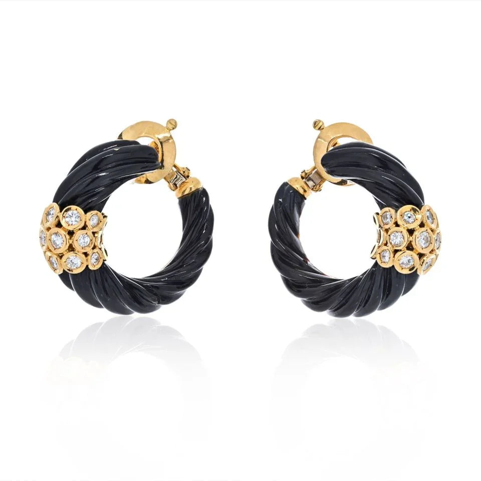 Van Cleef & Arpels 18K Yellow Gold 1980's French Carved Twisted Onyx And Diamond Earrings - The Back Vault