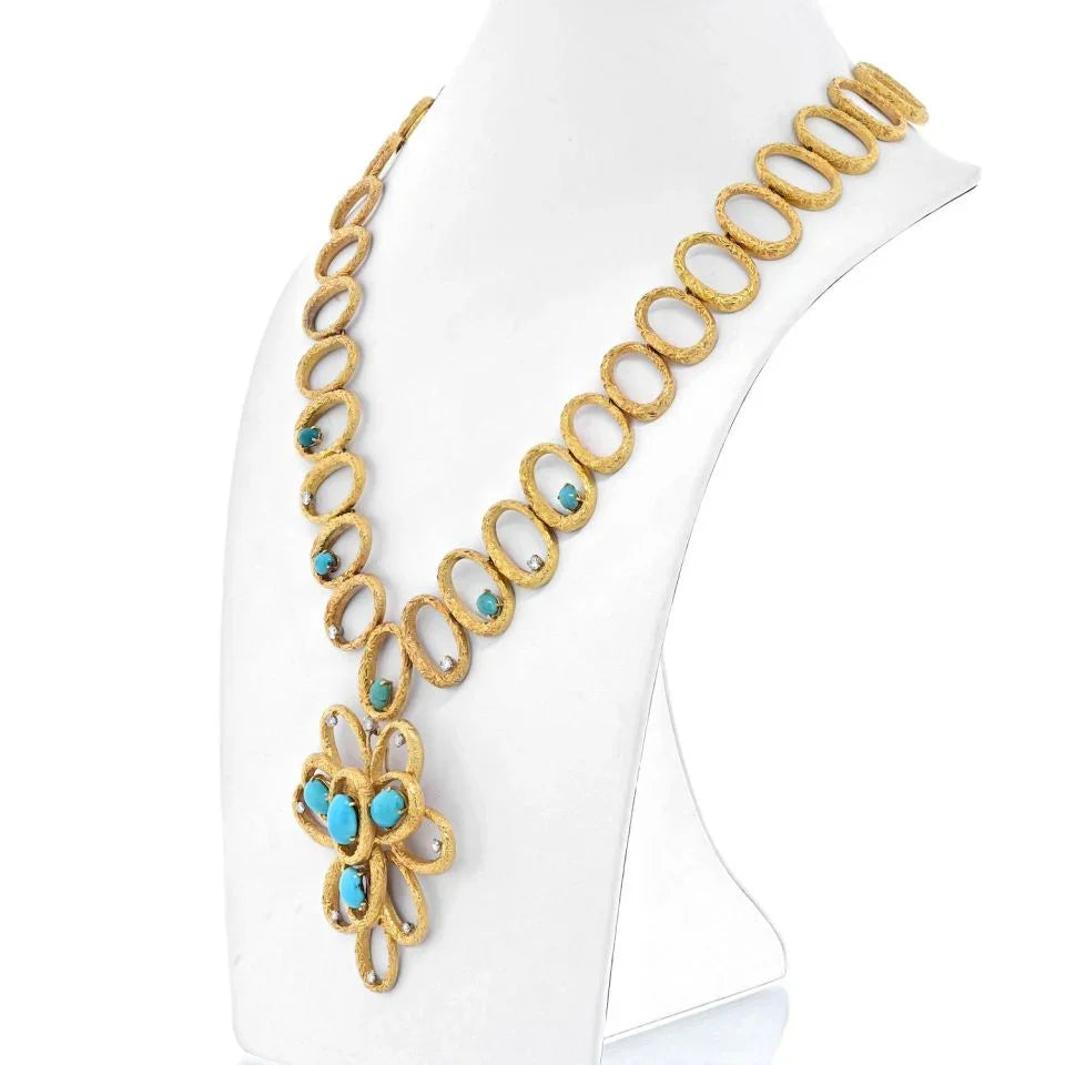 18K Yellow Gold 1970's Long Turquoise Diamond Pendant Necklace - The Back Vault