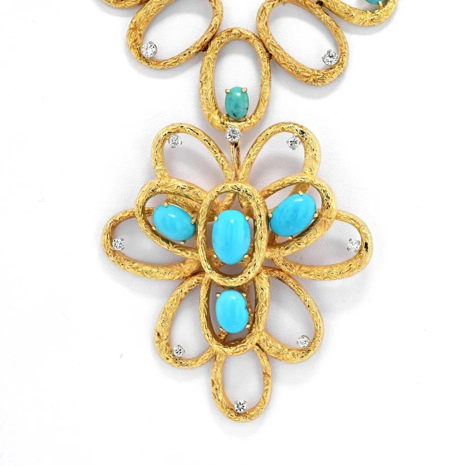 18K Yellow Gold 1970's Long Turquoise Diamond Pendant Necklace - The Back Vault