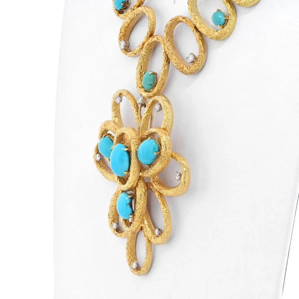 18K Yellow Gold 1970's Long Turquoise Diamond Pendant Necklace - The Back Vault