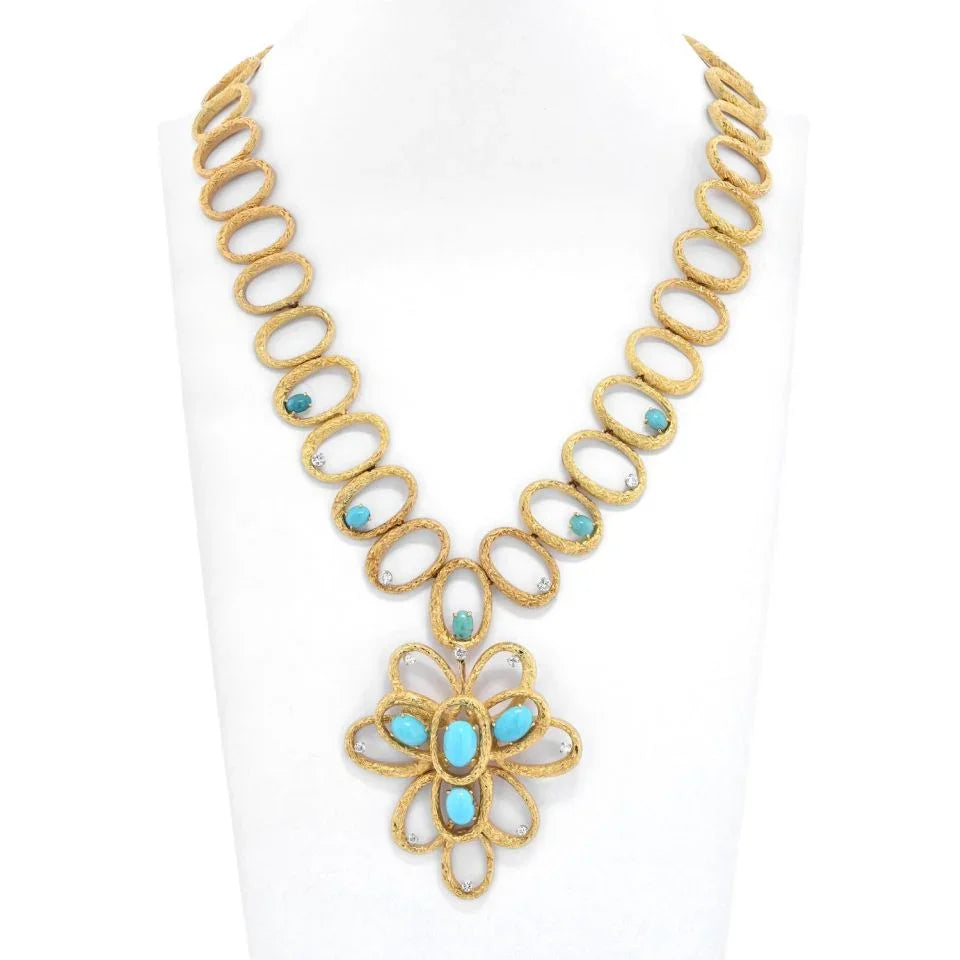 18K Yellow Gold 1970's Long Turquoise Diamond Pendant Necklace - The Back Vault