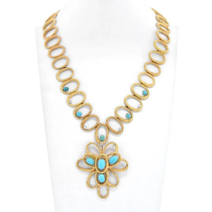 18K Yellow Gold 1970's Long Turquoise Diamond Pendant Necklace