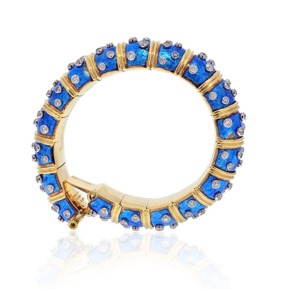 Tiffany & Co. Schlumberger 18K Yellow Gold Blue Enamel Diamond Bangle Bracelet - The Back Vault