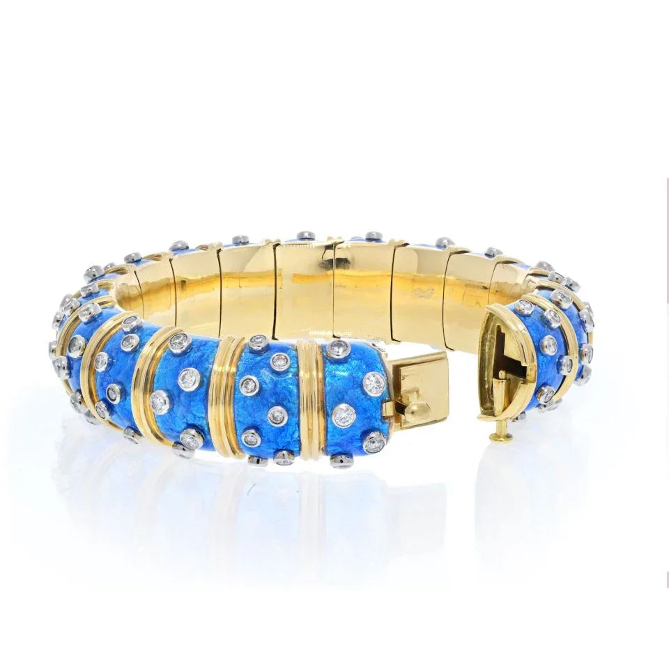 Tiffany & Co. Schlumberger 18K Yellow Gold Blue Enamel Diamond Bangle Bracelet - The Back Vault