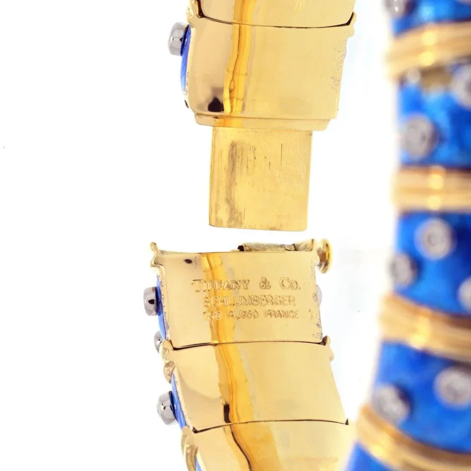Tiffany & Co. Schlumberger 18K Yellow Gold Blue Enamel Diamond Bangle Bracelet - The Back Vault