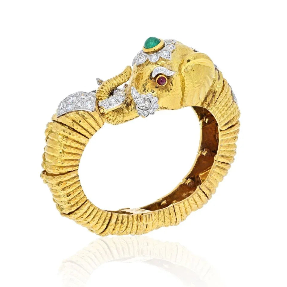 David Webb Platinum & 18K Yellow Gold Diamond, Emerald Elephant Bracelet - The Back Vault