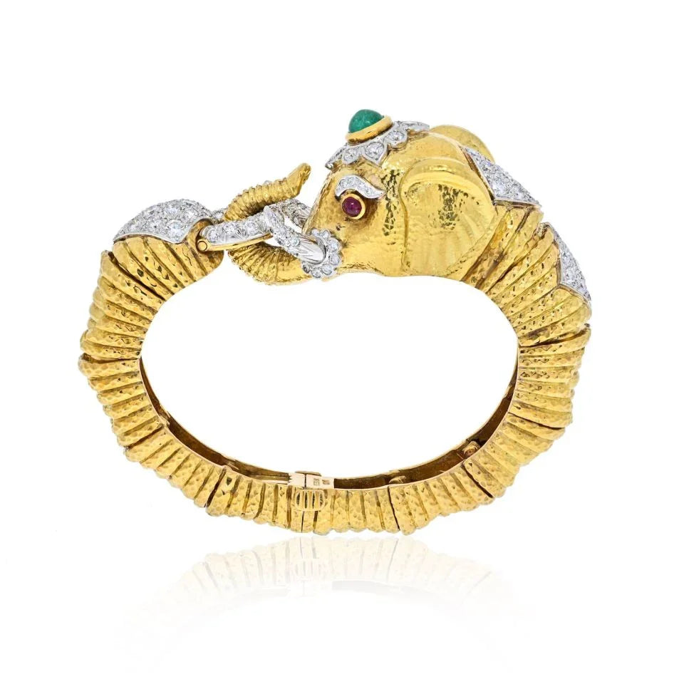 David Webb Platinum & 18K Yellow Gold Diamond, Emerald Elephant Bracelet - The Back Vault