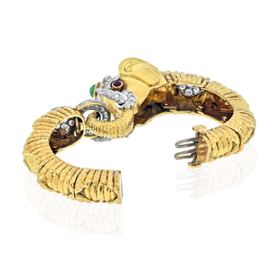 David Webb Platinum & 18K Yellow Gold Diamond, Emerald Elephant Bracelet - The Back Vault