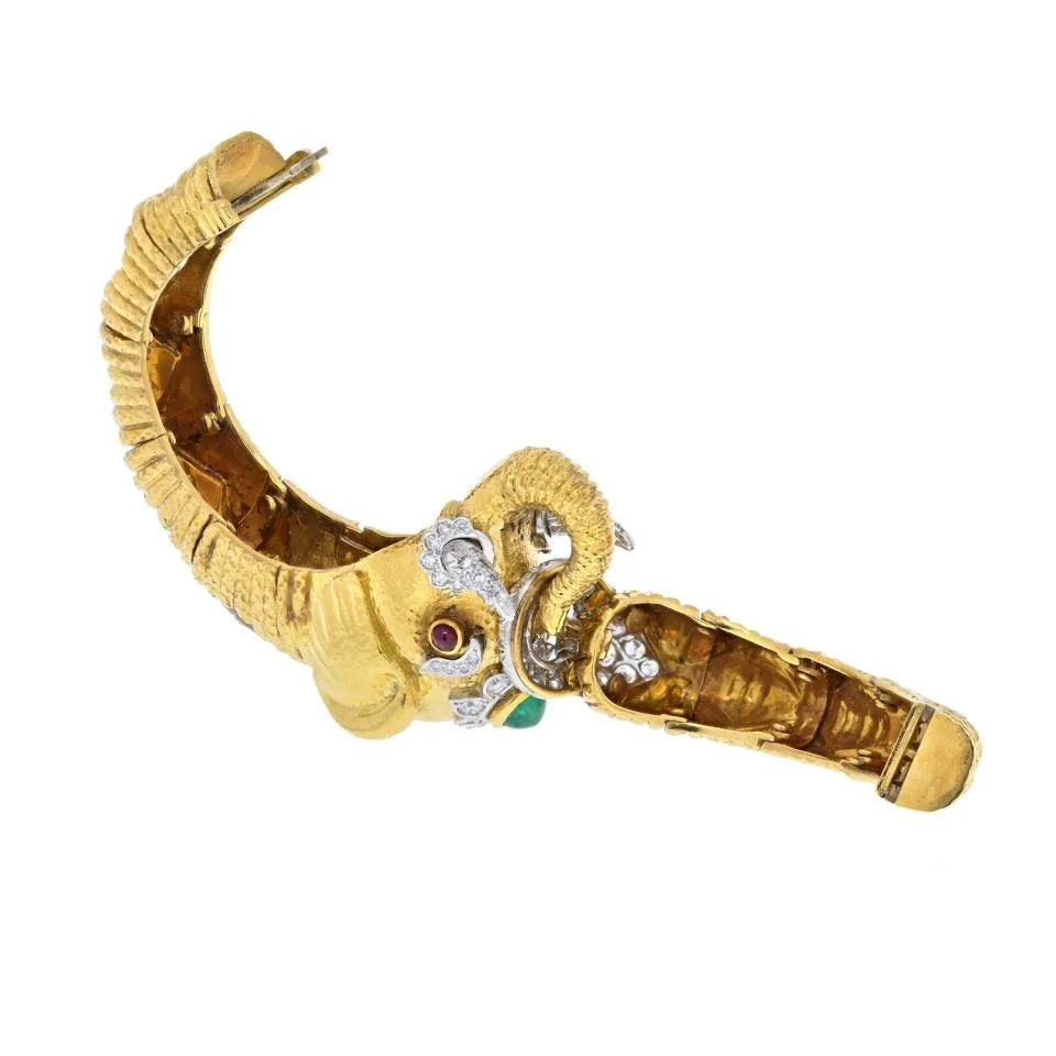 David Webb Platinum & 18K Yellow Gold Diamond, Emerald Elephant Bracelet - The Back Vault