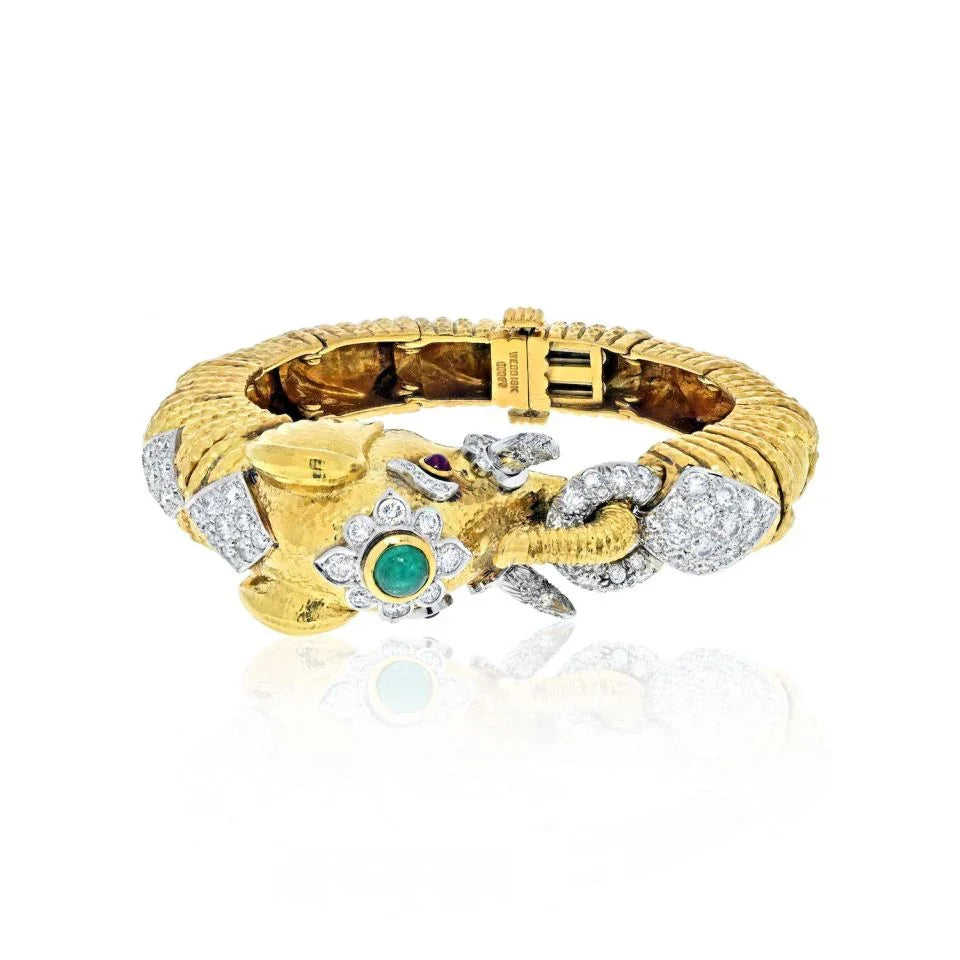 David Webb Platinum & 18K Yellow Gold Diamond, Emerald Elephant Bracelet - The Back Vault