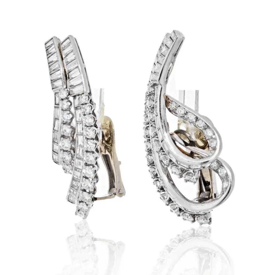 Platinum Twist Swirl Baguette And Round Cut Diamond Earrings - The Back Vault