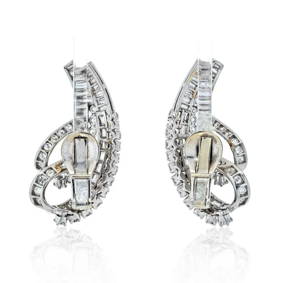 Platinum Twist Swirl Baguette And Round Cut Diamond Earrings - The Back Vault