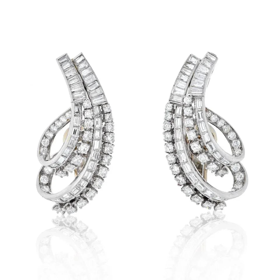 Platinum Twist Swirl Baguette And Round Cut Diamond Earrings - The Back Vault
