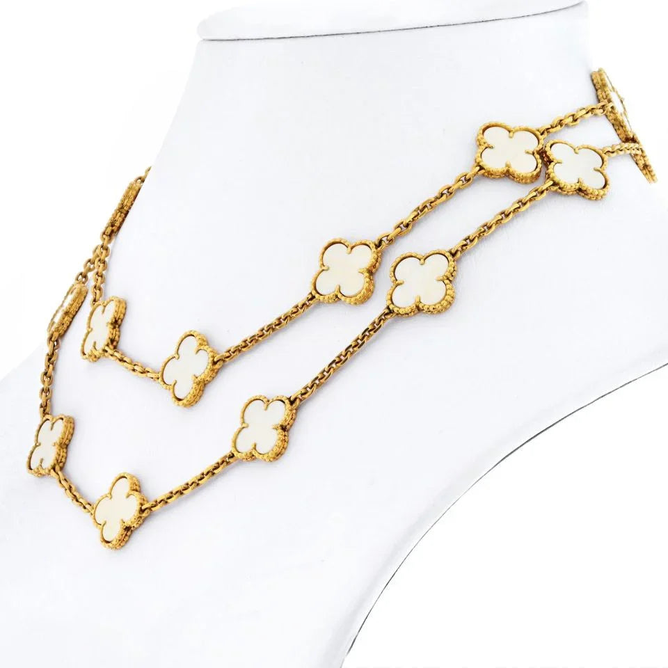 Van Cleef & Arpels 18K Yellow Gold Vintage White Coral 20 Motif Alhambra Chain Necklace - The Back Vault