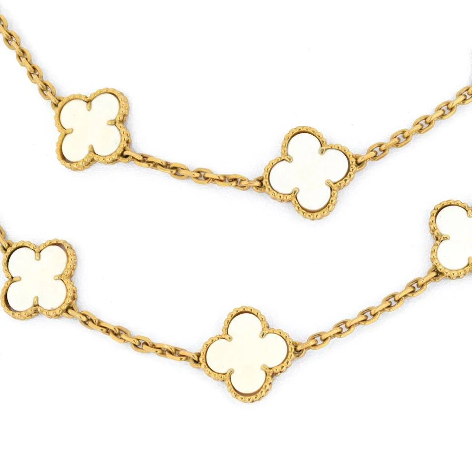 Van Cleef & Arpels 18K Yellow Gold Vintage White Coral 20 Motif Alhambra Chain Necklace - The Back Vault