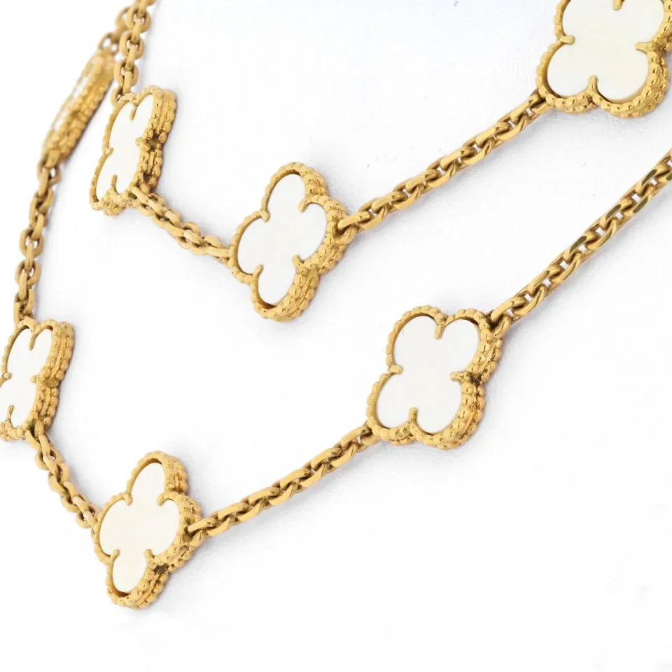 Van Cleef & Arpels 18K Yellow Gold Vintage White Coral 20 Motif Alhambra Chain Necklace - The Back Vault