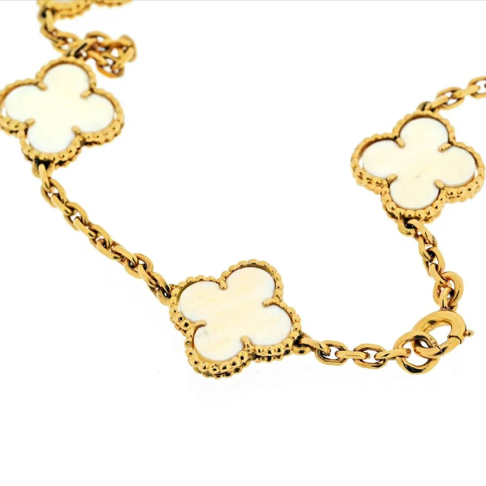 Van Cleef & Arpels 18K Yellow Gold Vintage White Coral 20 Motif Alhambra Chain Necklace - The Back Vault