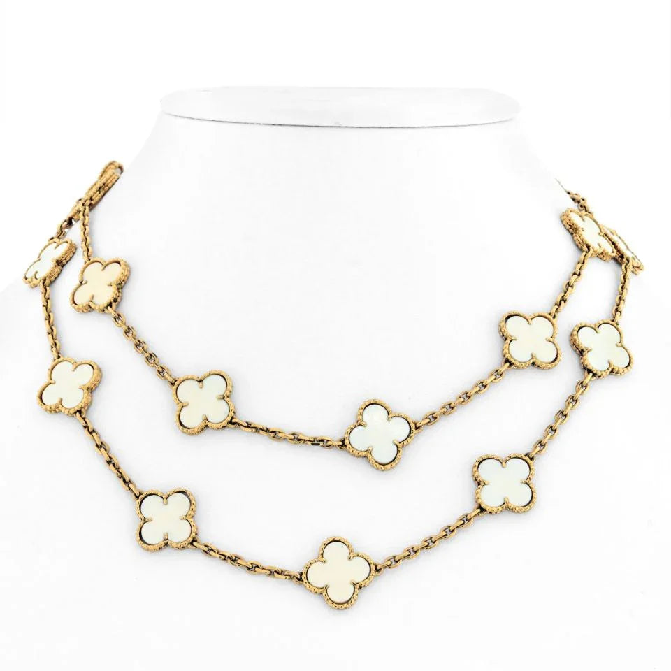 Van Cleef & Arpels 18K Yellow Gold Vintage White Coral 20 Motif Alhambra Chain Necklace - The Back Vault