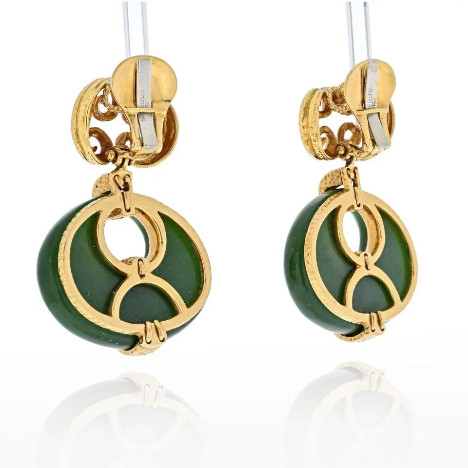 David Webb 18K Yellow Gold Scepter Jade And Hammered Gold Drop Dangling Earrings - The Back Vault