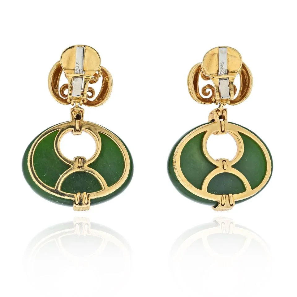 David Webb 18K Yellow Gold Scepter Jade And Hammered Gold Drop Dangling Earrings - The Back Vault