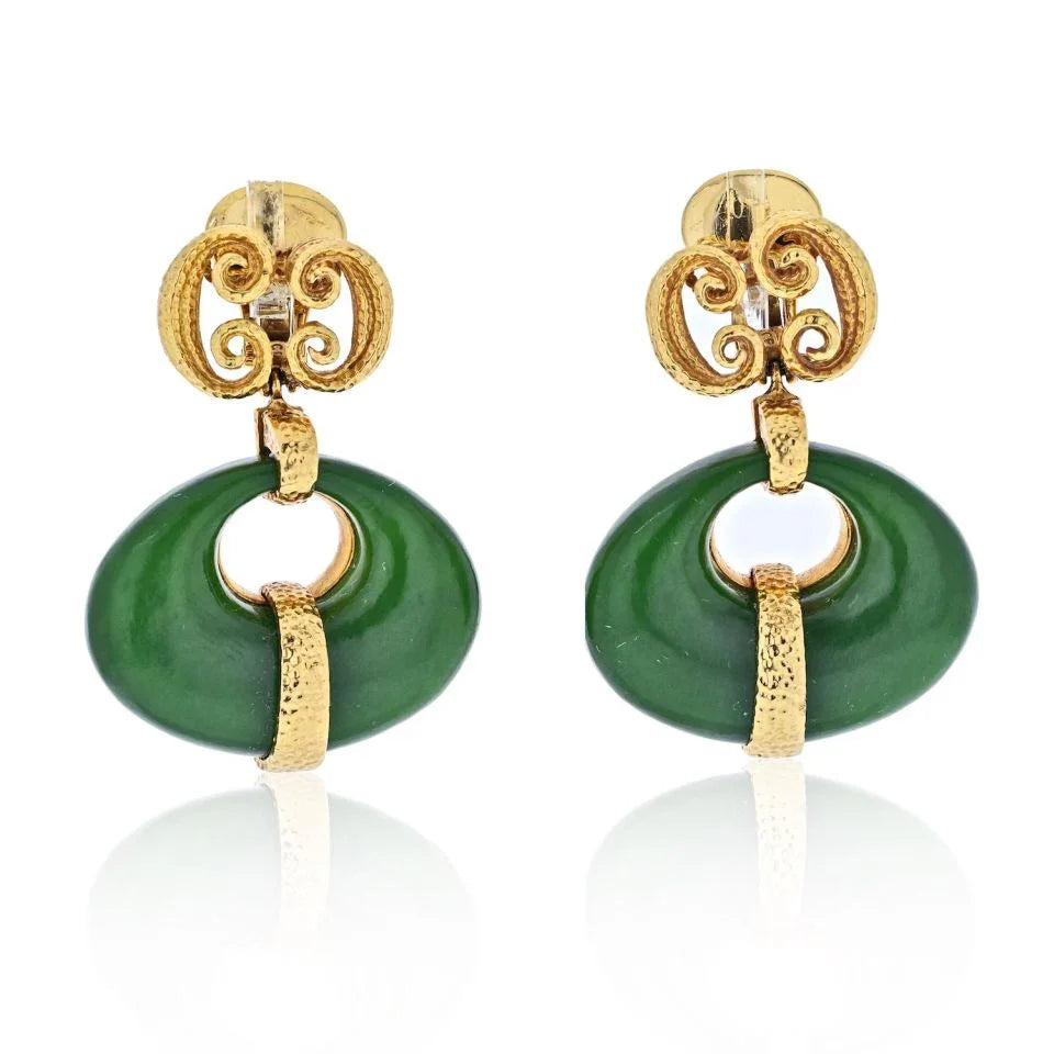David Webb 18K Yellow Gold Scepter Jade And Hammered Gold Drop Dangling Earrings - The Back Vault