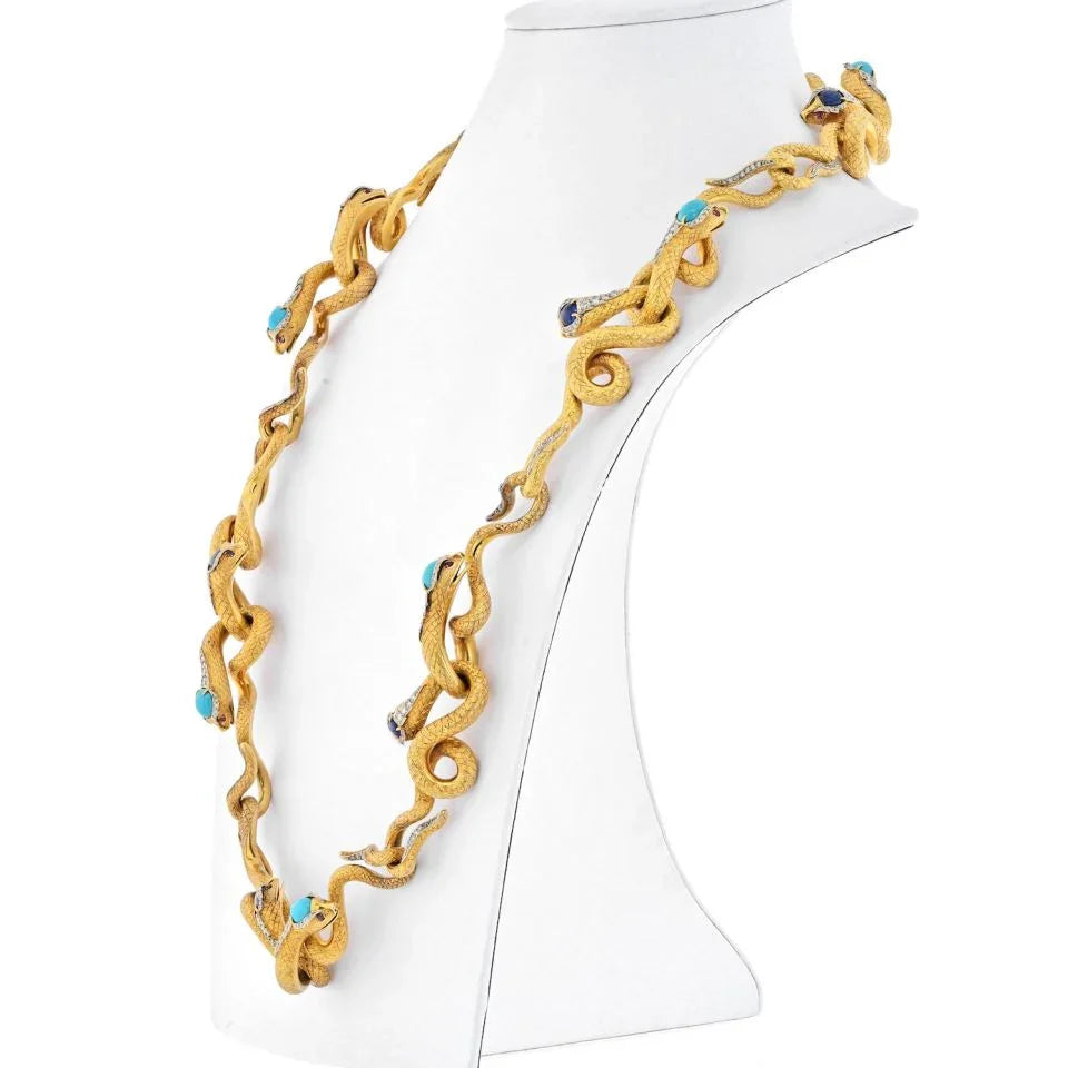 18K Yellow Gold Articulated Snakes With Turquoise, Lapis And Diamond Necklace - The Back Vault