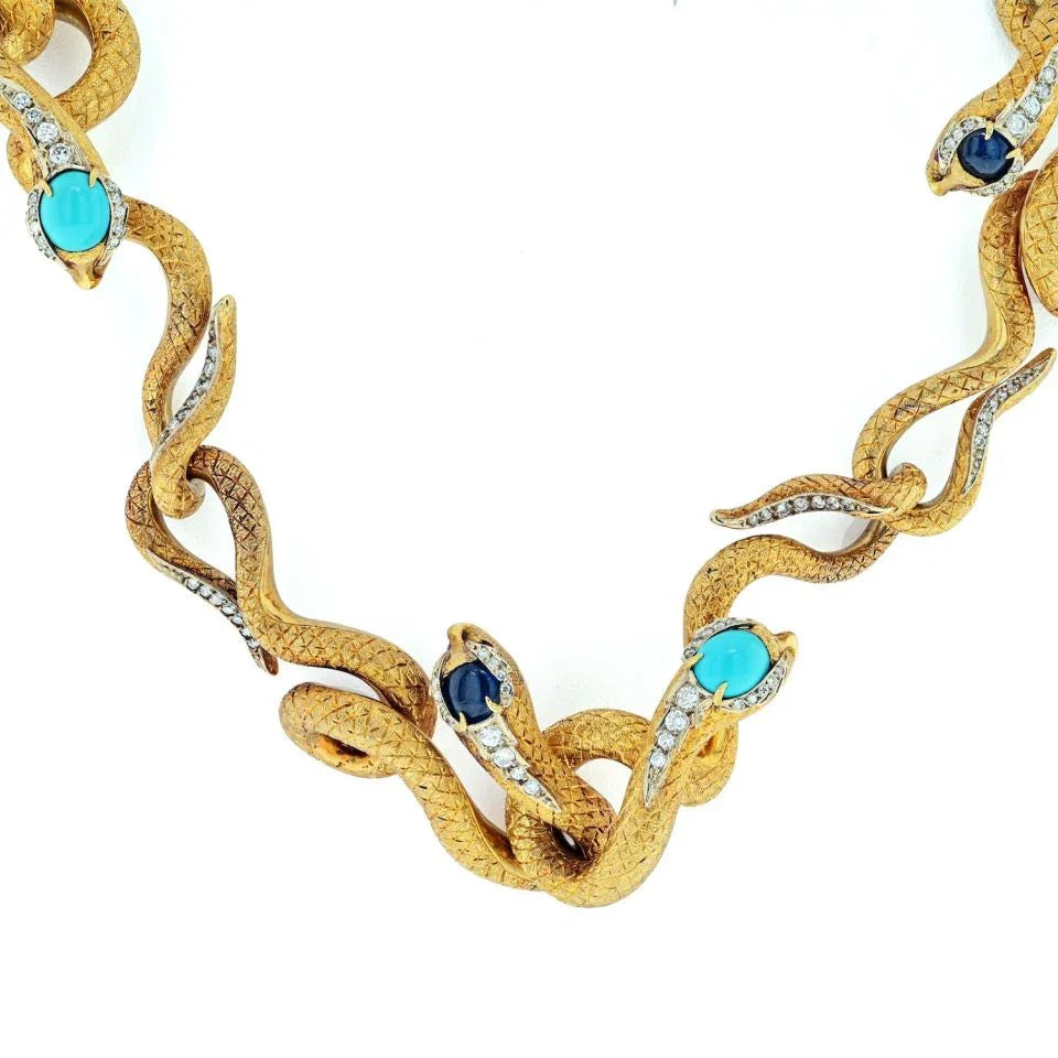 18K Yellow Gold Articulated Snakes With Turquoise, Lapis And Diamond Necklace - The Back Vault