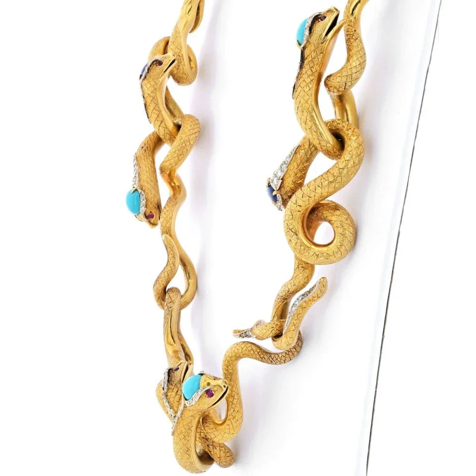 18K Yellow Gold Articulated Snakes With Turquoise, Lapis And Diamond Necklace - The Back Vault