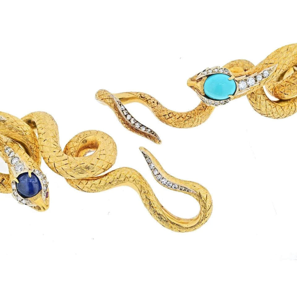 18K Yellow Gold Articulated Snakes With Turquoise, Lapis And Diamond Necklace - The Back Vault