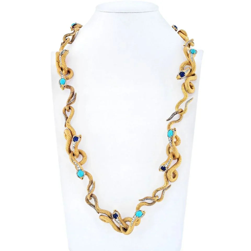 18K Yellow Gold Articulated Snakes With Turquoise, Lapis And Diamond Necklace - The Back Vault
