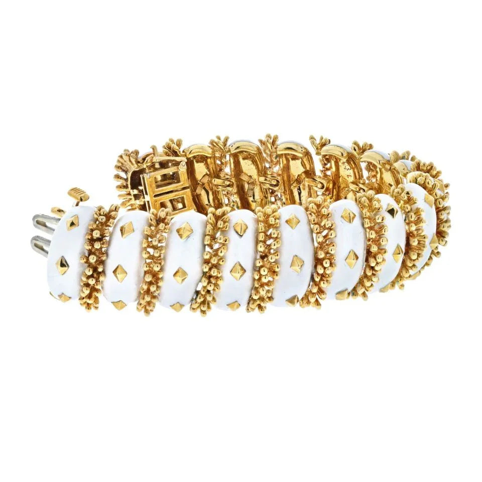 David Webb Platinum & 18K Yellow Gold White Enamel Articulated Bracelet - The Back Vault