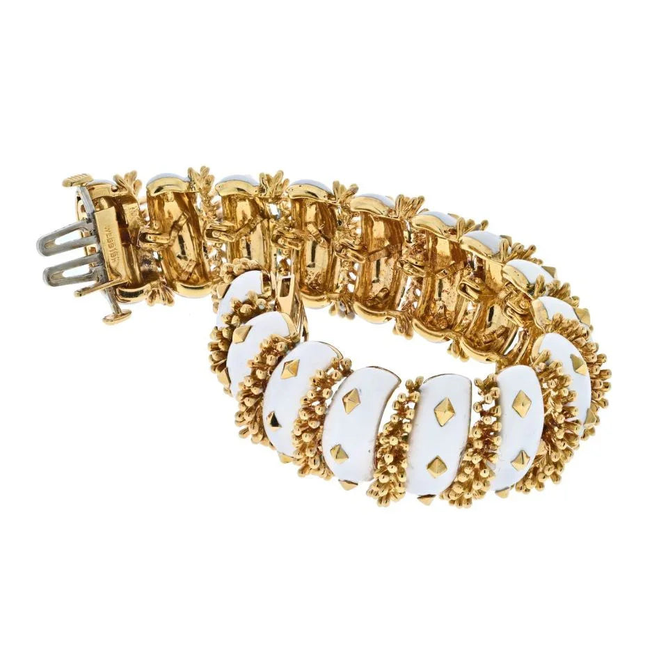 David Webb Platinum & 18K Yellow Gold White Enamel Articulated Bracelet - The Back Vault