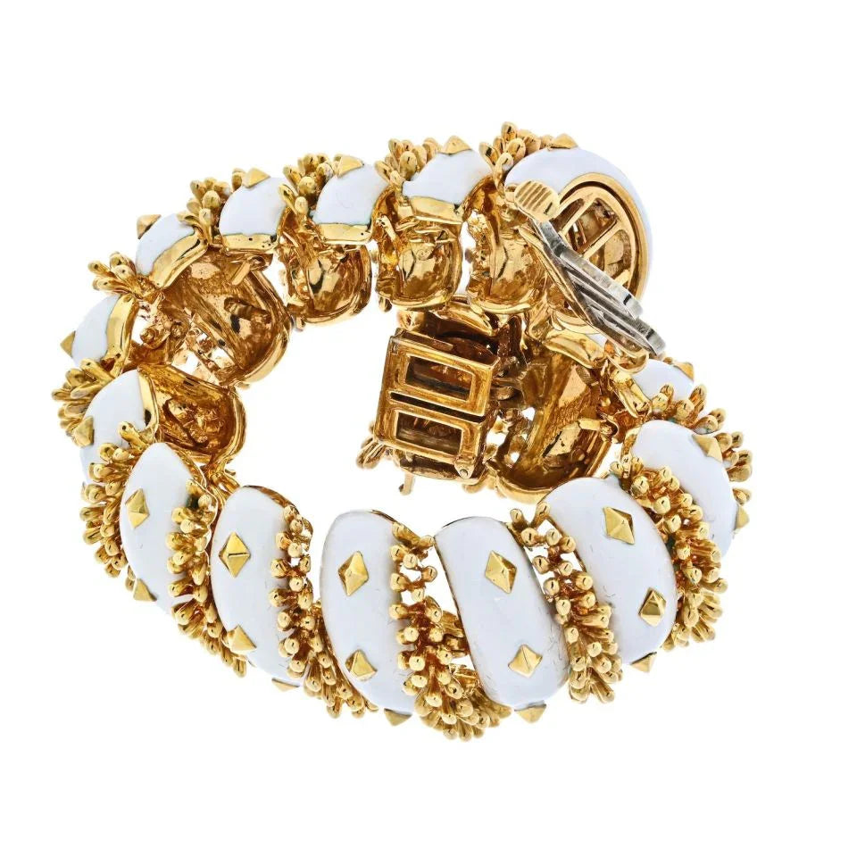 David Webb Platinum & 18K Yellow Gold White Enamel Articulated Bracelet - The Back Vault