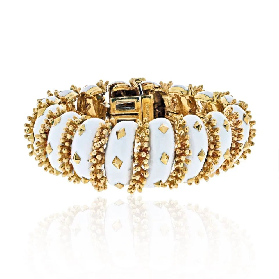 David Webb Platinum & 18K Yellow Gold White Enamel Articulated Bracelet - The Back Vault
