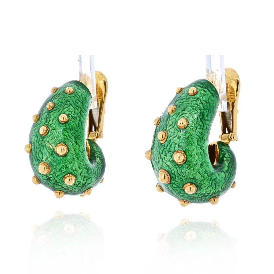 David Webb Platinum & 18K Yellow Gold Green Enamel Gold Beads Bombe Clip Earrings - The Back Vault