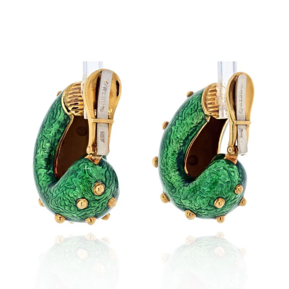 David Webb Platinum & 18K Yellow Gold Green Enamel Gold Beads Bombe Clip Earrings - The Back Vault