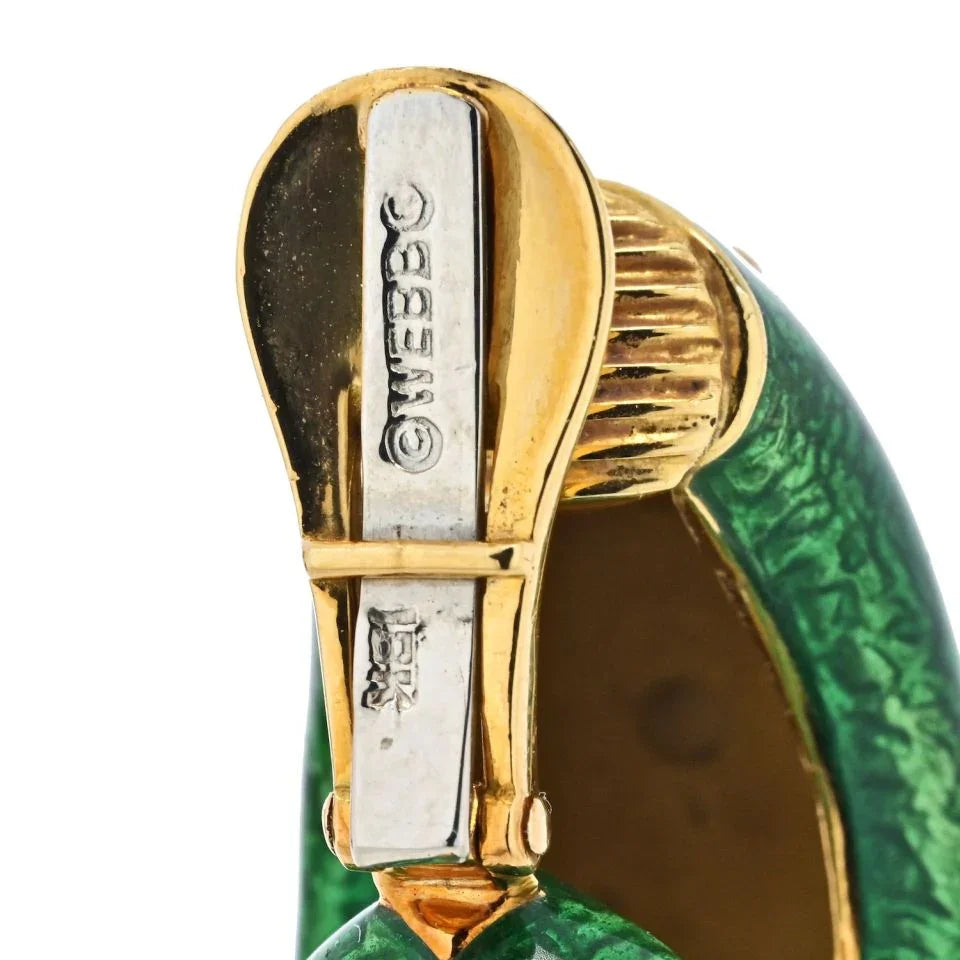 David Webb Platinum & 18K Yellow Gold Green Enamel Gold Beads Bombe Clip Earrings - The Back Vault