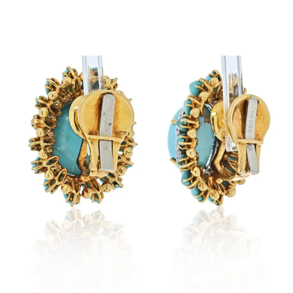 David Webb Platinum & 18K Yellow Gold Cabochon Turquoise And Diamond Earrings - The Back Vault