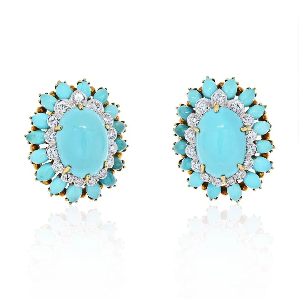 David Webb Platinum & 18K Yellow Gold Cabochon Turquoise And Diamond Earrings - The Back Vault
