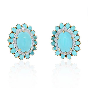 David Webb Platinum & 18K Yellow Gold Cabochon Turquoise And Diamond Earrings