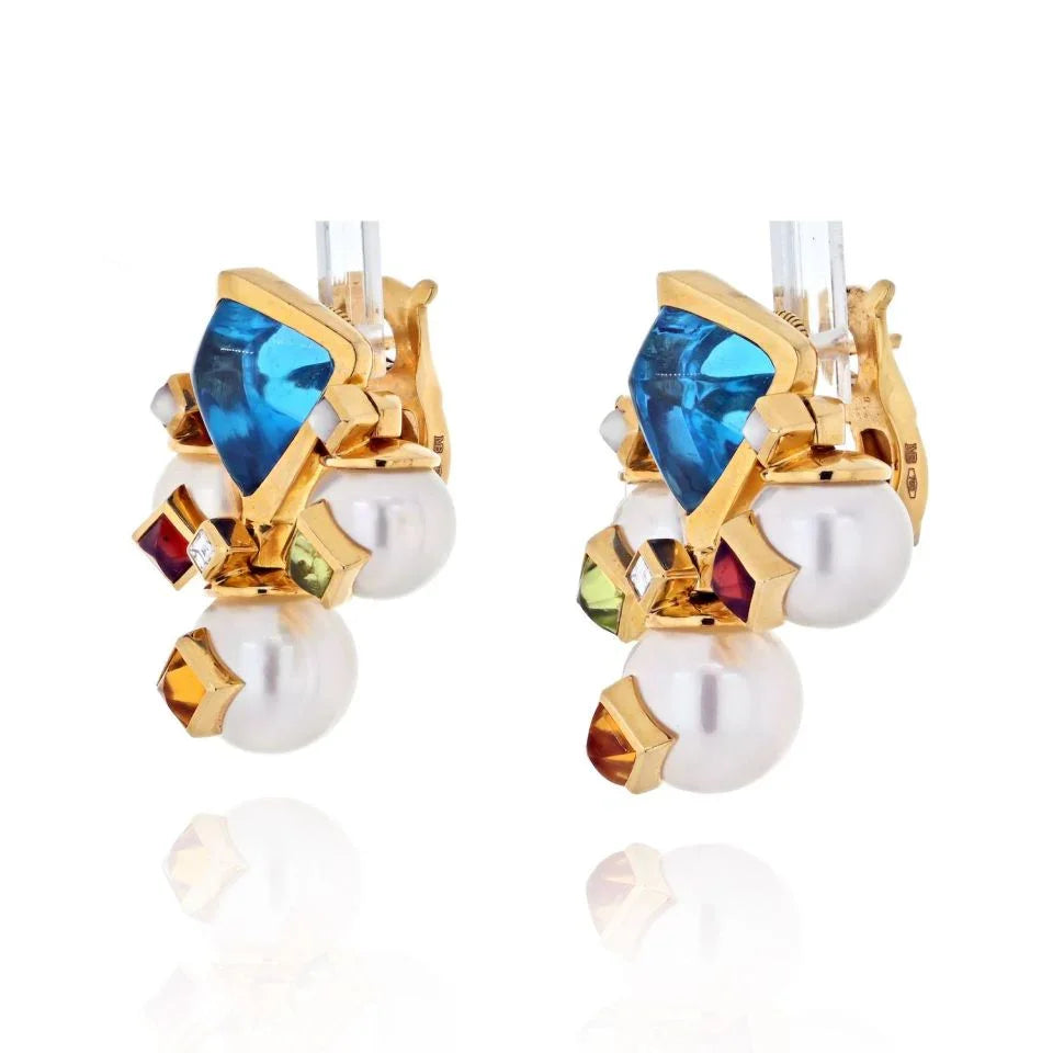 Marina B. 18K Yellow Gold Pearl, Multicolor, Topaz, Gemmy Earrings - The Back Vault
